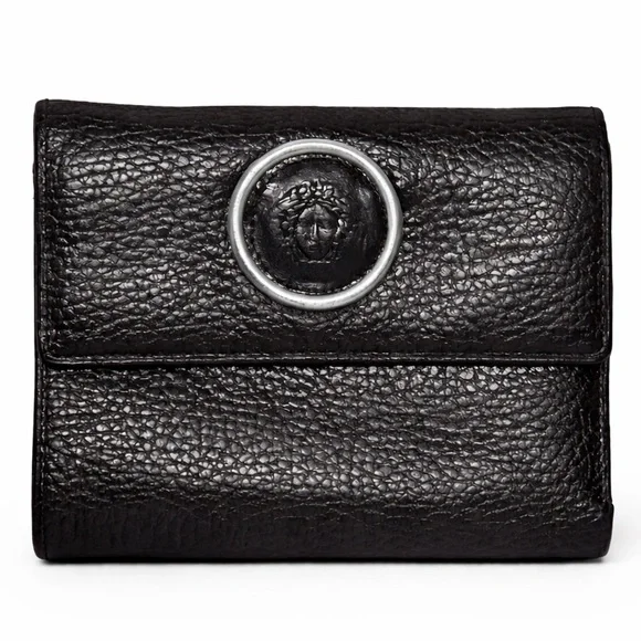 Vintage Gianni Versace Medusa Black Pebbled Leather Trifold Billfold Wallet - Picture 1 of 7